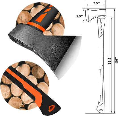 Chopping Axe, Hand Axe, Camp Hatchet for Splitting Kindling and Chopping Branches, Wood Chopping Axe 5.5 lb with 36-in Fiberglass Handle