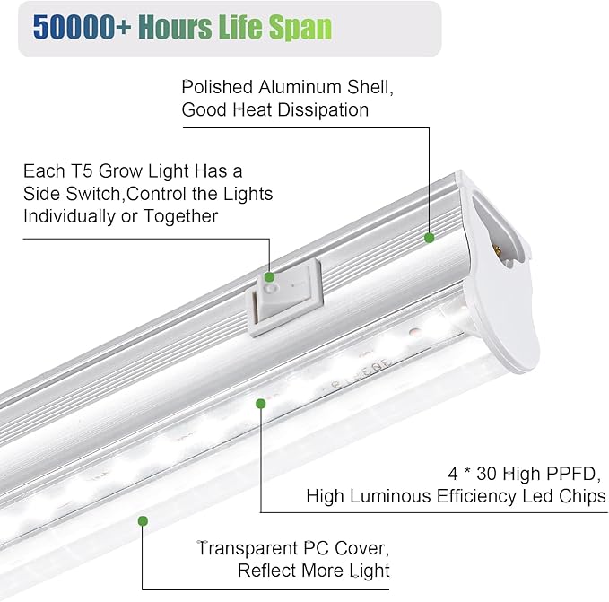 T5 Grow Light for Indoor Plants, 5000K Full Spectrum, 1FT LED Grow Lamp, Grow Lights Strip with Side Switch, Suitable for Greenhouse Seedlings and Vegetable Planting, Plug and Play, 4 Pack