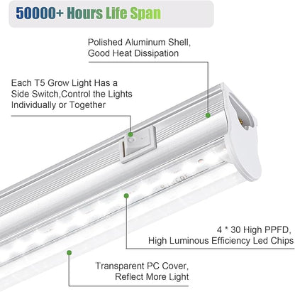 T5 Grow Light for Indoor Plants, 5000K Full Spectrum, 1FT LED Grow Lamp, Grow Lights Strip with Side Switch, Suitable for Greenhouse Seedlings and Vegetable Planting, Plug and Play, 4 Pack