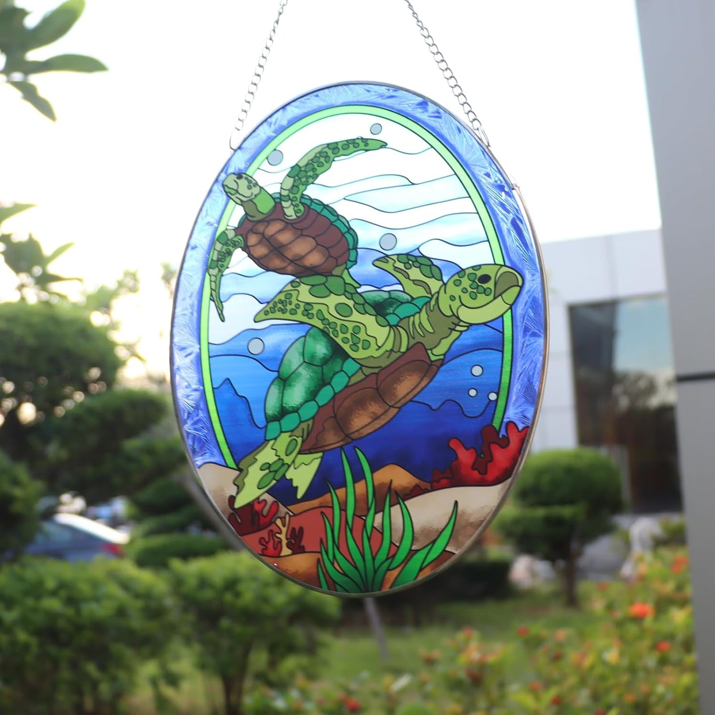 Hanging Ornament, Sea Turtle Stained Glass Window Hangings Suncatcher, 10 inches, Multicolored Ocean Themed Decor for Home, Garden, Indoor Outdoor Use