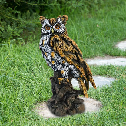 Solar Owl Resin Statue Hand - Painted Garden Decor with LED Light, Perched on Tree Stump Figurine for Outdoor Indoor Yard Patio Home Decoration
