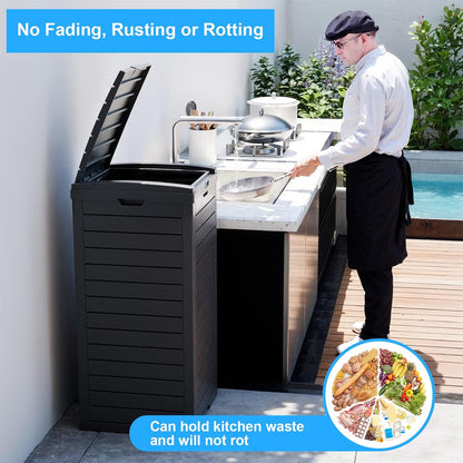 Outdoor Trash Can with Lid, Outdoor Trash Bin & Pull-Out Liquid Drawer, Dual Lid Closure Design, Waterproof Resin Garbage Can Container for Patio, Backyard, Deck (Black, 31 Gallon)