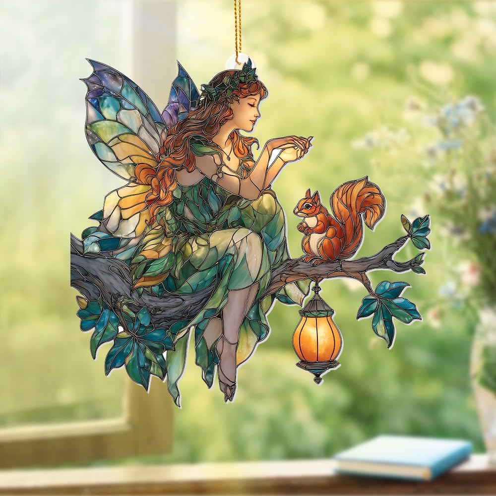 Fairy Ornament Acrylic Suncatcher – Stained Glass Style Fairy Sitting on Branch with Squirrel & Lantern, Fantasy Window Hanging Decor, Enchanted Forest Ornament, for Women (Sun-33)