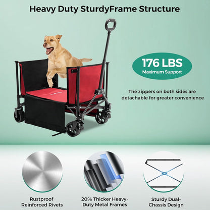SUNNYFEEL Wagon Cart Foldable, Standard Borderless Version Collapsible Wagon with 220 LBS Max Load, Up to120L Foldable Grocery Cart with Side Opened for Groceries, Garden & Camping,Red