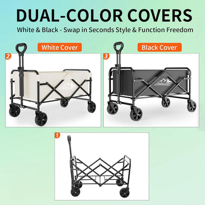 Collapsible Wagon Cart with 5" Removable 360° Swivel Wheels & Adjustable Handle, 220lbs Load Capacity, Dual Detachable Oxford Covers (White+Black)， MDF Base, All-Terrain Portable Utility Cart