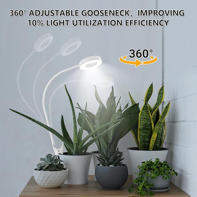 Grow Lights for Indoor Plants Full Spectrum, Clip-on LED Plant Lights for Indoor Growing with Auto On/Off Timing 3/9/12 Hrs, 10 Dimmable Levels, 3 Spectrum Modes & Adjustable Gooseneck, White, 2 Pack
