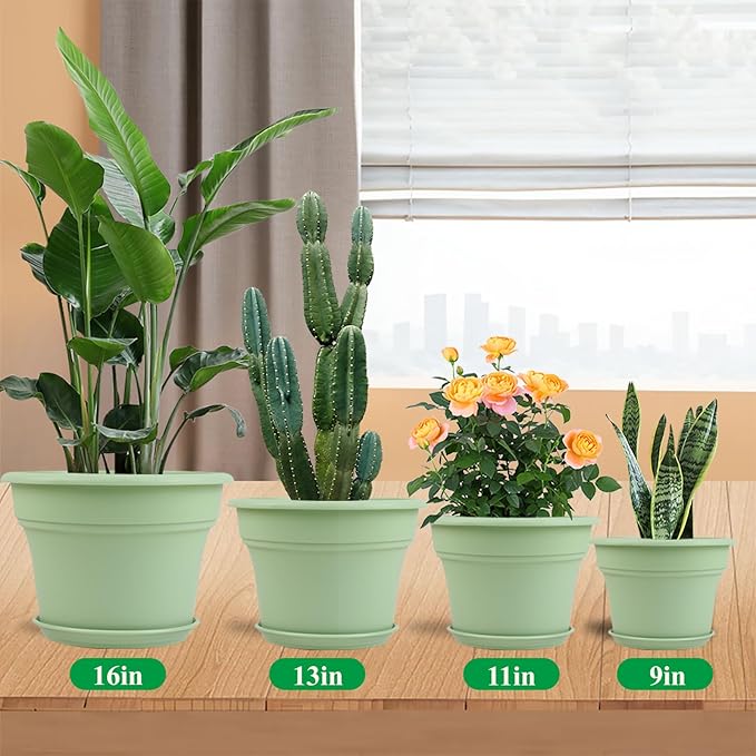 9 Inch Plastic-Flower Pot-for-Indoor Plants, 4 Pack Large Outdoor Planter Pot with Drainage Holes & Saucers, Resin Decorative Garden Pots Planters
