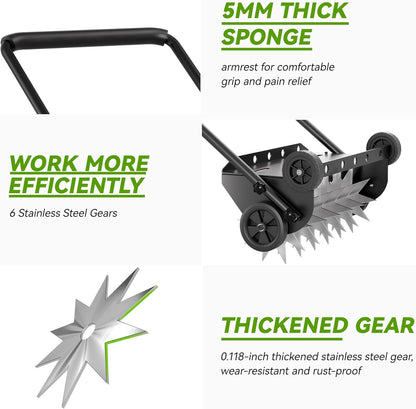 22.5-Inch Lawn Aerator with Weight Bag, Heavy Duty Push Spike Aerator with 4 Wheels, Aerator Lawn Tool with 42.2" Steel Handle, Manual Aerator Lawn Tool with Foam Armrests, for Lawn, Garden and Yard