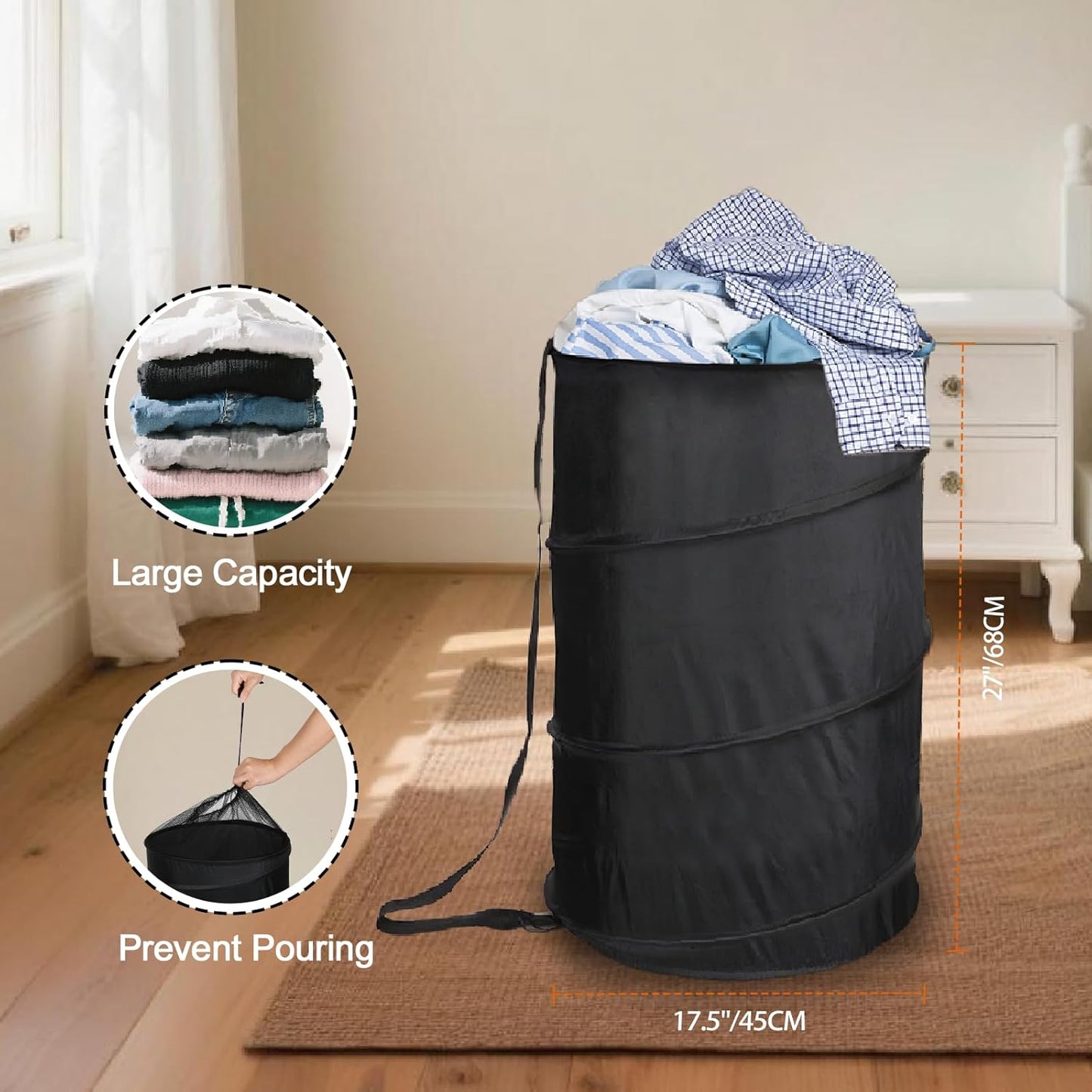 BATTOO Extra Large 107L Strong Laundry Hamper 17.5" x 27" Collapsible Laundry Baskets with Long Straps Drawstring Barrel Foldable Hamper for Laundry Room, Bathroom, Campout, College Dorm or Travel