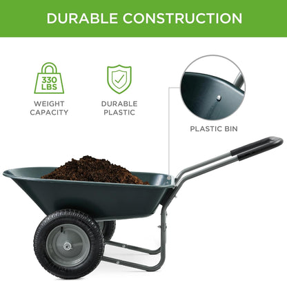 Best Choice Products Dual-Wheel Home Utility Yard Wheelbarrow Garden Cart w/Built-in Stand for Lawn, Gardening, Construction - Dark Gray