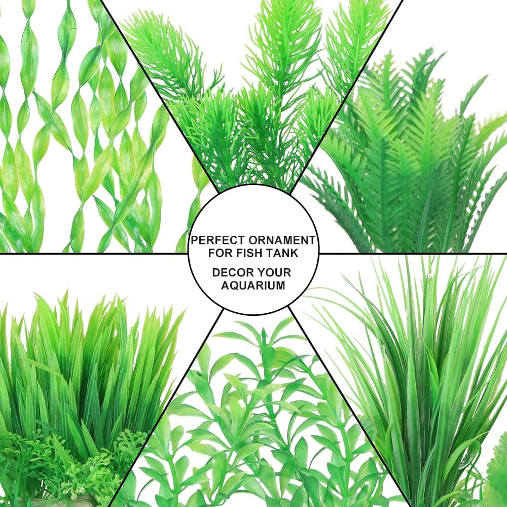 BEGONDIS 18pc Artificial Aquarium Green Plants Set, Realistic/Natural Style, Artificial Plastic Aquarium Plants for Aquarium Decorations
