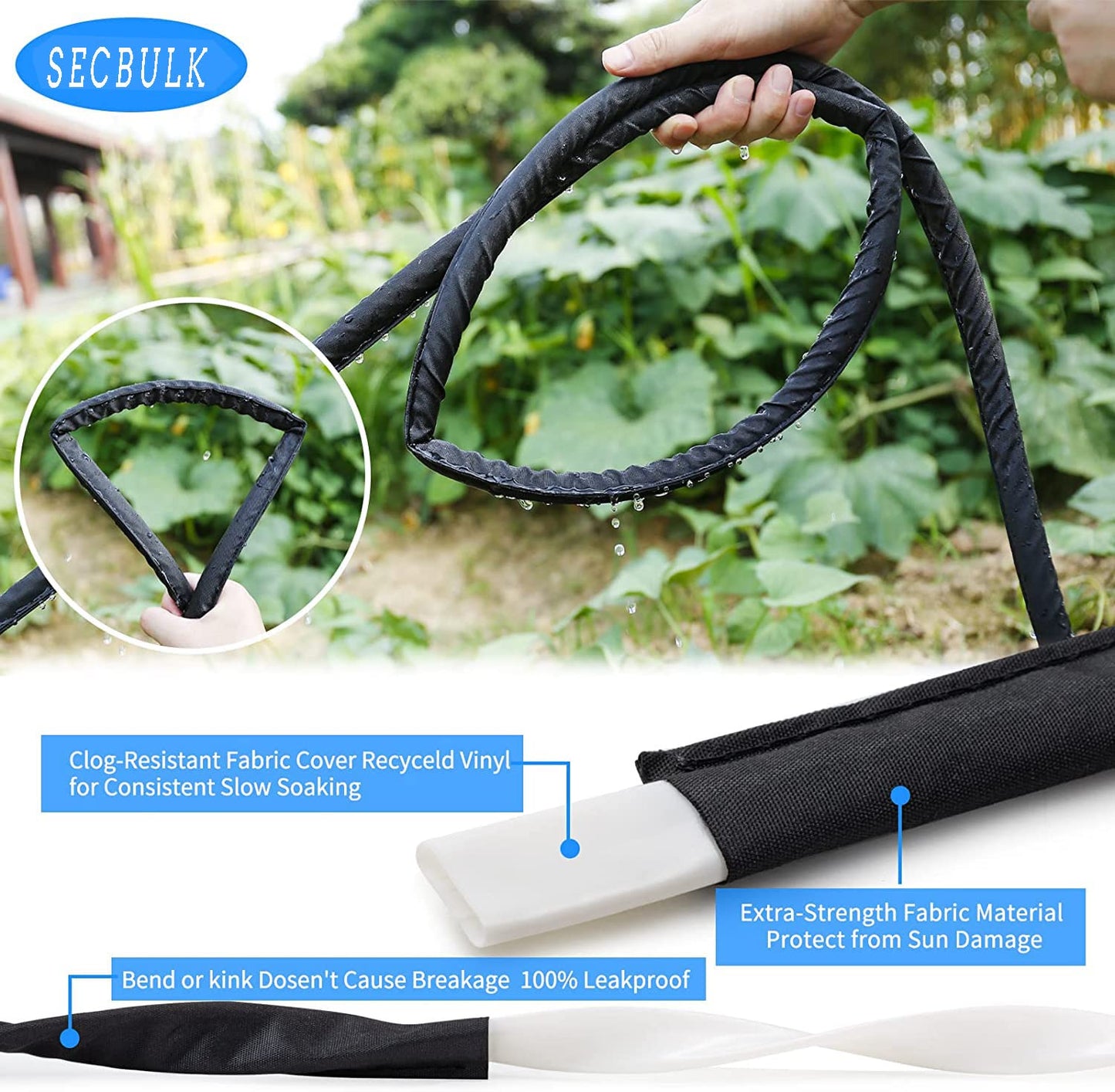 Secbulk 2026 Flat Soaker Hose 100 ft with Stakes for Garden, 50ft x 2 Linkable Drip Hose Diy Garden