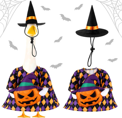 Sanwuta 1 Set Halloween Porch Goose Outfit Pumpkin Pillow Design with Witch Hat for 23" Lawn Cement Goose Porch Geese Clothes Costume for Halloween Garden Patio Yard Outdoor Decorations