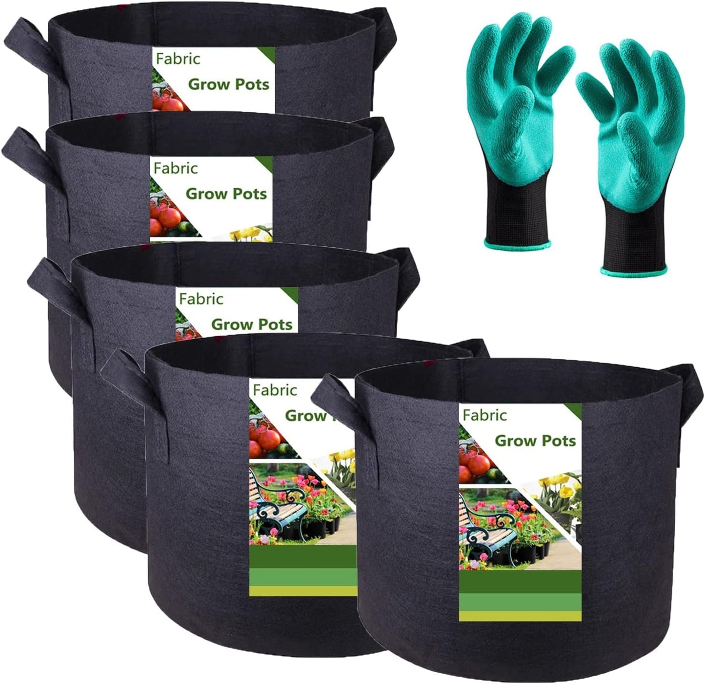 5-Pack 10 Gallon Plant Grow Bags (16x12 inch) Thickened Garden Bag Fabric Plant Pots for Tomato,Potato Planters,Herbs Veggies Planter Bag,Garden Pot,Flower Pot,Barrel Planter,Plant Container W/ Gloves