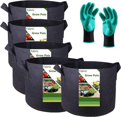 5-Pack 3 Gallon Plant Grow Bags (10x8 inch) Thickened Gardening Bags Fabric Plant Pots for Garden Pots,Flower Pot,Plant Nursery Bag,Herbs Veggies Planter Bag,Barrel Planter,Garden Container W/ Gloves