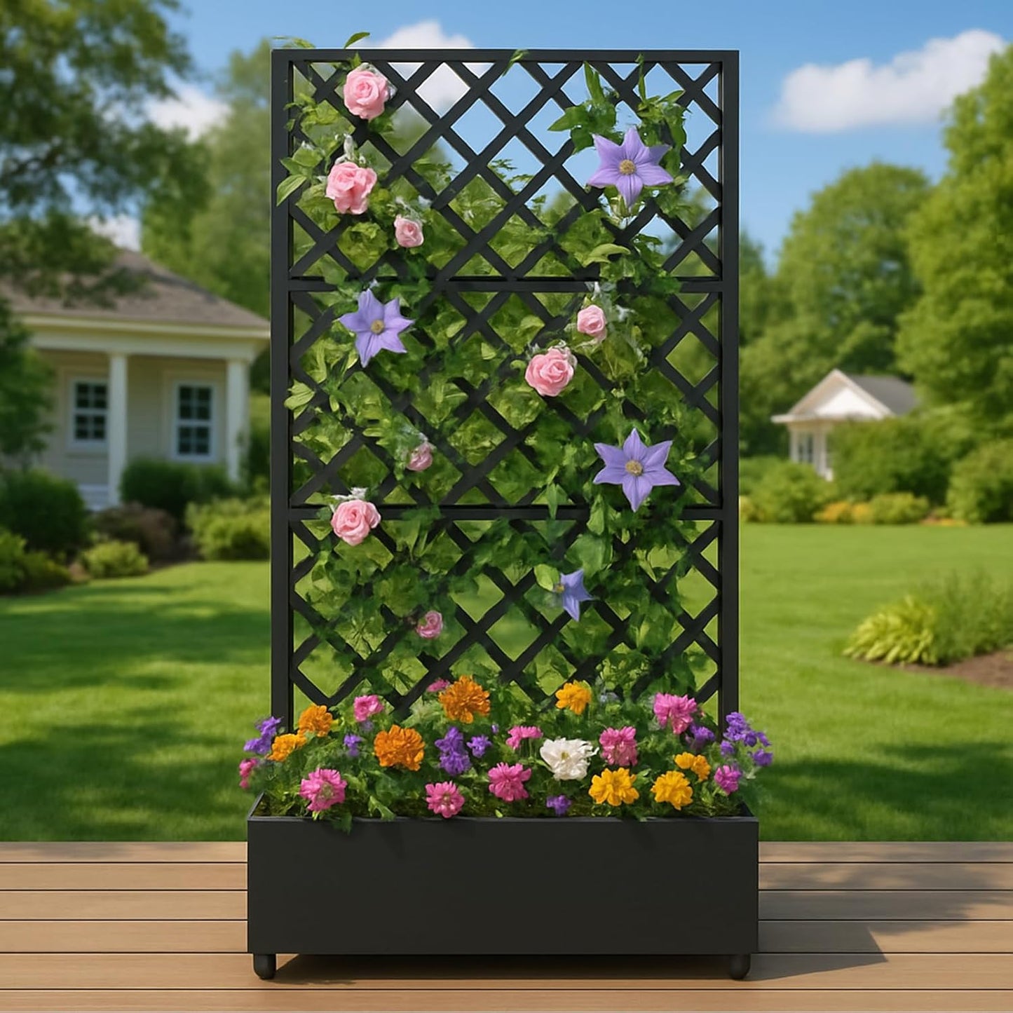 Metal Planter Box, with Diamond Lattice Trellis Planter Box, for Climbing Plants and Vines, Galvanized Raised Garden Bed on Wheels, Garden Bed with Trellis(72 in x47 in Black)