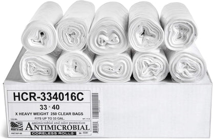 Aluf Plastics High Density Trash Bags, 33 Gallon, 250 Count, 16 Micron (eq), 33" x 40", Clear, for Bathroom, Office, Industrial, Commercial, Janitorial, Municipal, Recycling