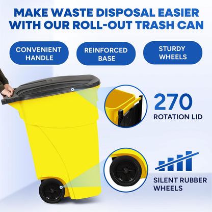 50 Gallon Trash Can, Yellow Outdoor Garbage Can, Large Outside Trash Bin, Rolling Commercial Container Outdoor Trash Can with Lid and Wheels for Back of House, Office, Warehouse, Garage