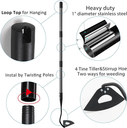 Garden Hoe for Weeding Tool, Heavy Duty Dutch Weeding Hoe Gardening Hand Hoe for Women Kids Men, Metal Garden Weeder Rake Weed Puller for Lawn Long Handle 30-55 inch