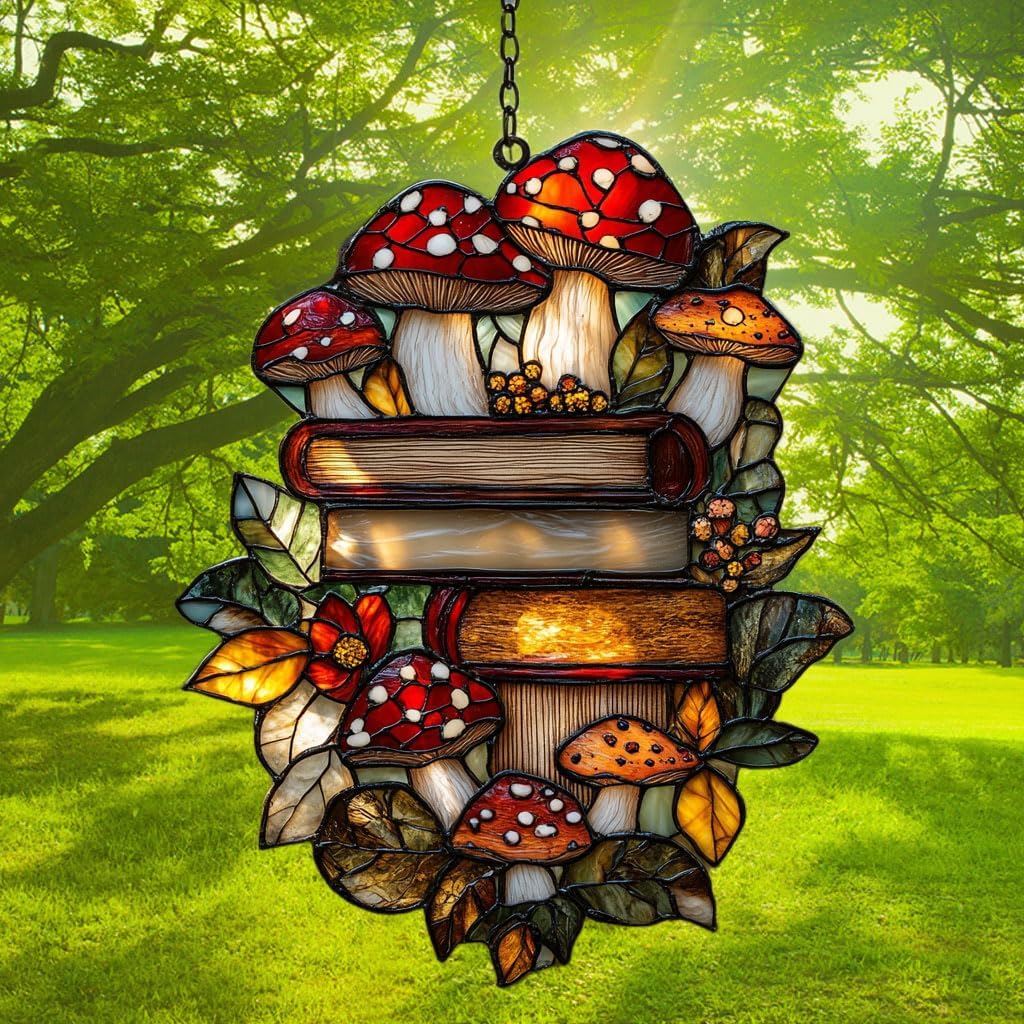 Forest Stack of Books Acrylic Suncatcher Stained Glass Effect Window Car Hanging Christmas Ornament Indoor Outdoor Decor Garden Sun Catcher Panel for Book Lover for Women Mom Grandma