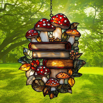 Forest Stack of Books Acrylic Suncatcher Stained Glass Effect Window Car Hanging Christmas Ornament Indoor Outdoor Decor Garden Sun Catcher Panel for Book Lover for Women Mom Grandma