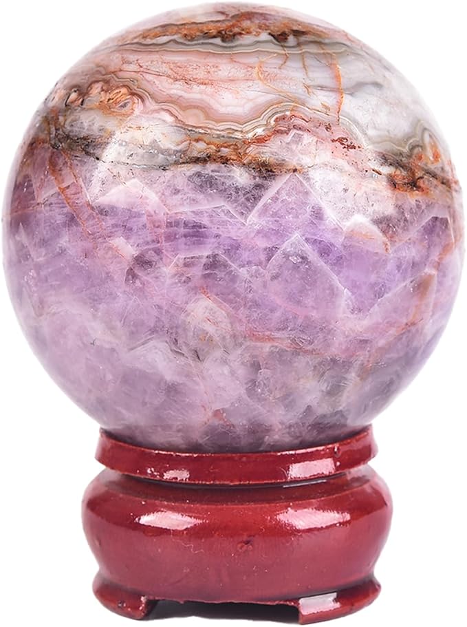 JIC Gem Amethyst Agate Crystal Ball with Wooden Stand Pink Healing Crystal Sphere Ball for Feng Shui Decor Spiritual Gifts 60-70mm