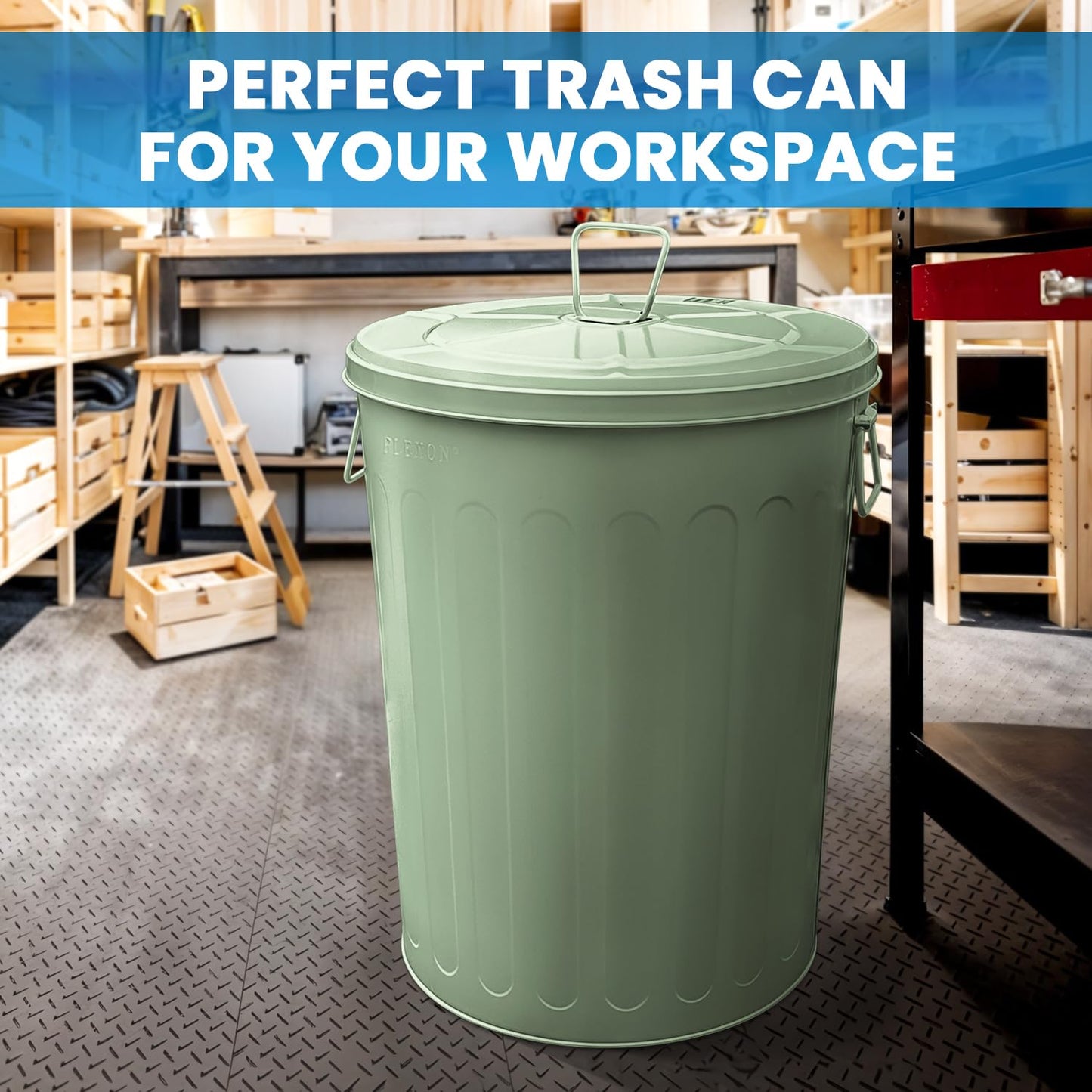 Plexon Large Metal Trash Can with Lid 20 Gallon, Decorative Outdoor Trash Can Heavy Duty Galvanized Metal Bucket with Lid for Garage Workshop Ash Storage Farmhouse, Green 2 Pack
