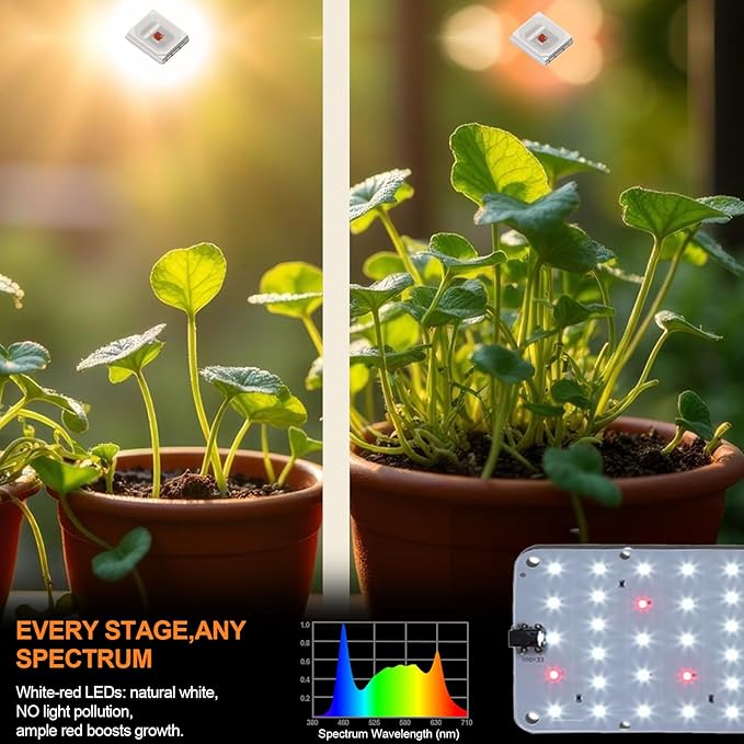 DOMMIA Grow Light, 20W Ultra-Thin Panel Grow Lights for Indoor Plants, High PPFD Full Spectrum, Dimmable, 6/12/16H Timer Auto on/Off, Suitable for Indoor Growing, Daylight White 1-Pack