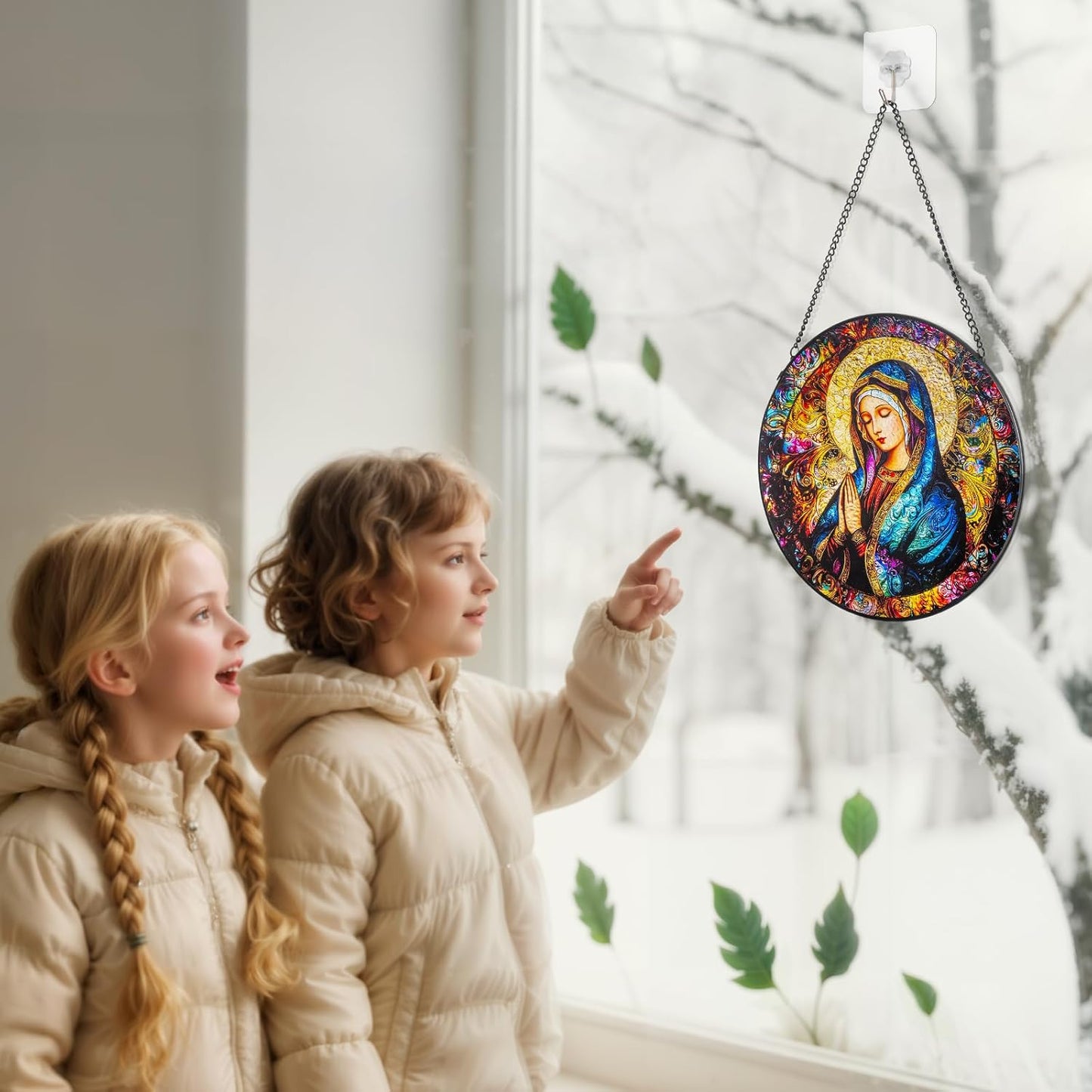 Suncatcher Stained Glass Window Hanging - Mother Mary Glass Panel with Metal Chain and Hooks Handmade Sun Catcher Decoration for Window Garden Home Christmas & Birthday Gifts (8 Inch)