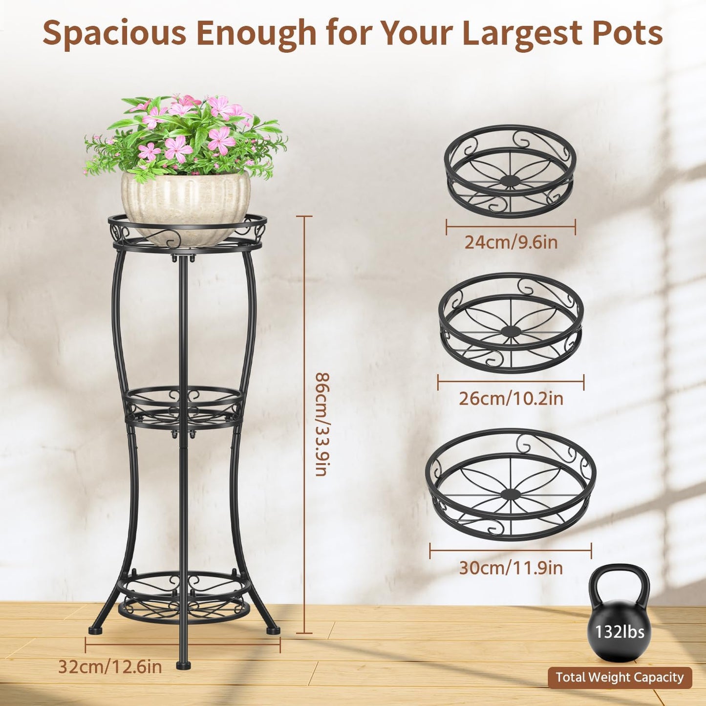 LASZOLA Black 3 Tier Tall Plant Stand for Indoor Outdoor, Large Multiple Level Flower Planter Holder Organizer Rack for Patio Office Bathroom Corner Floor, Sturdy Heavy Duty Metal, Vertical Display