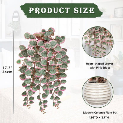 Briful Artificial Plants Indoor 17.7'' Faux String of Hearts Plants with Ceramic Pot Small Fake Pink Plants for Home Office Hotel Bathroom Table Shelf Decor