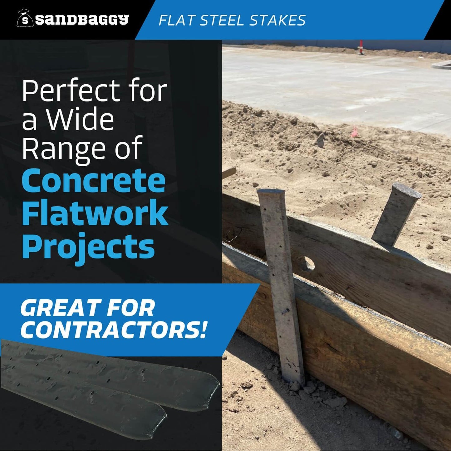 Sandbaggy Flat Steel Stakes for Concrete Forms with Nail Holes - 1.5" Wide - Painted - Removable, Reusable, V Point End - Construction Grade Stakes (10, 36 inch)