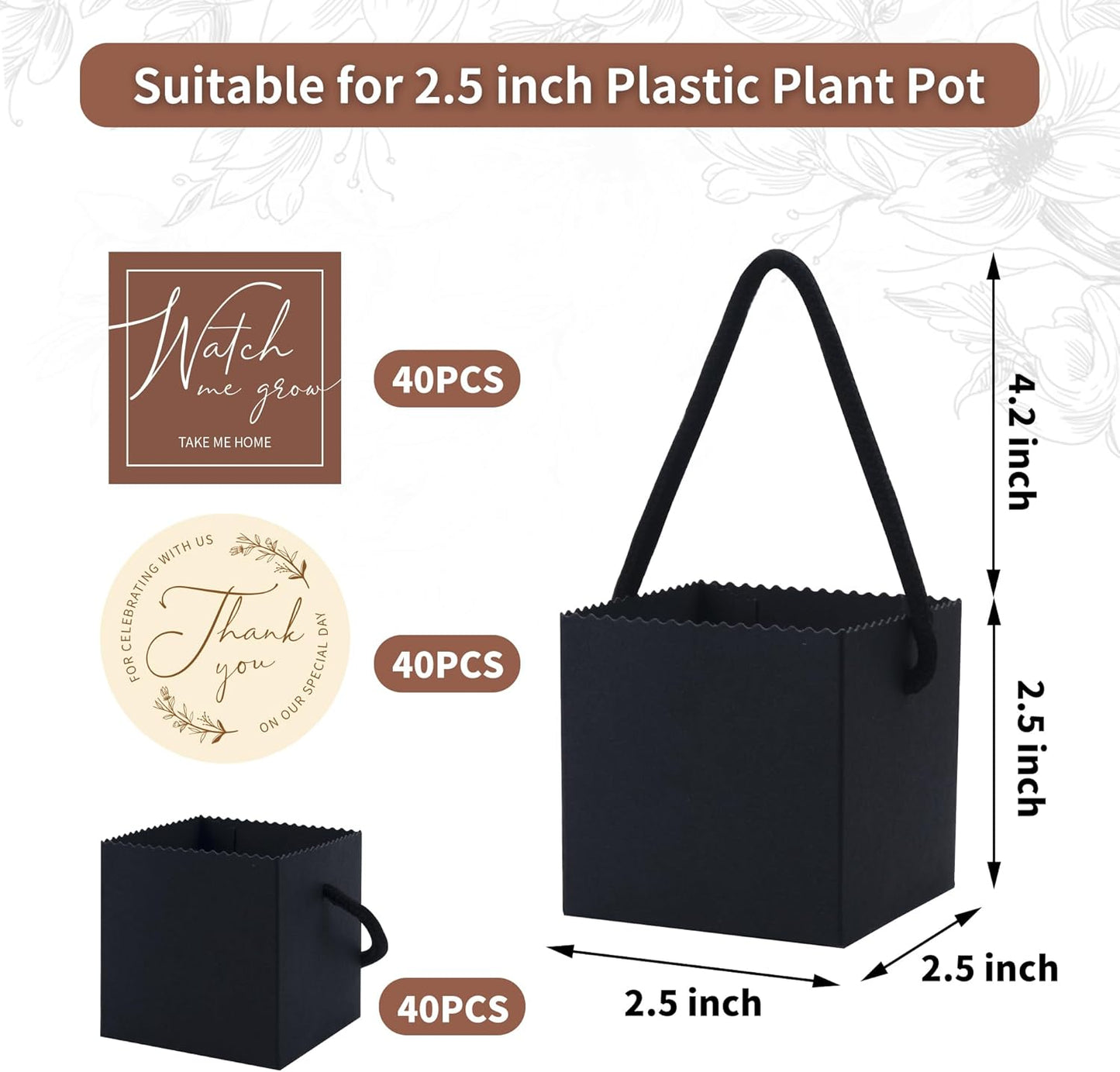 Temlum 2.5 Inch Succulent Wrap Bags (Fits 2.5″ Pots) with Thank You & Watch Me Grow Stickers, Small Succulent Gift Box for Wedding, Baby Shower, Succulent Party Favors for Guests (Black 40pcs)