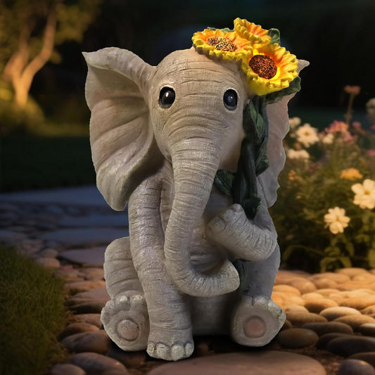 Solar Outdoor Garden Elephant Statues Lights, Good Luck Sunflower Elephant Statues for Women