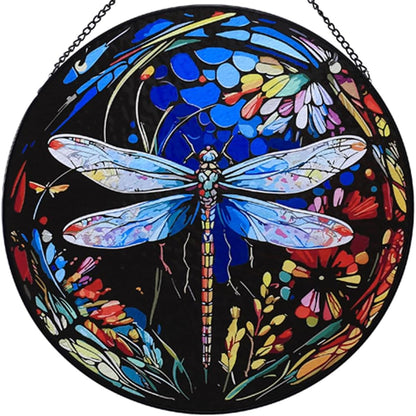 12" Stained Glass Window Hanging Suncatcher,Large Dragonfly Pattern Handmade Stained Glass Painted,Suncatchers for Windows,Hand Dragonfly Suncatcher Window Decorations,Include Metal Chain
