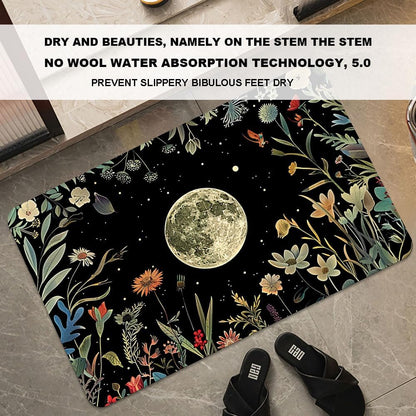 Bath Mat-Bathroom Rug，Moon Surrounded by Wildflowers-Absorbent Non Slip Quick Dry Stain Resistant Easy to Clean Care Shower Rug for Bathtub Shower Room 17×27.5Inch (43 * 70cm)
