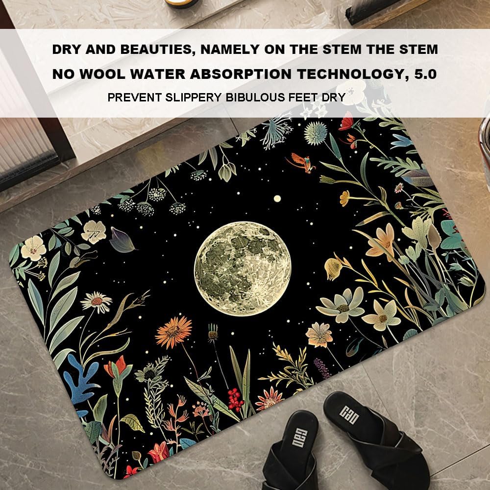 Bath Mat-Bathroom Rug，Moon Surrounded by Wildflowers-Absorbent Non Slip Quick Dry Stain Resistant Easy to Clean Care Shower Rug for Bathtub Shower Room 20×31Inch (50 * 80cm)