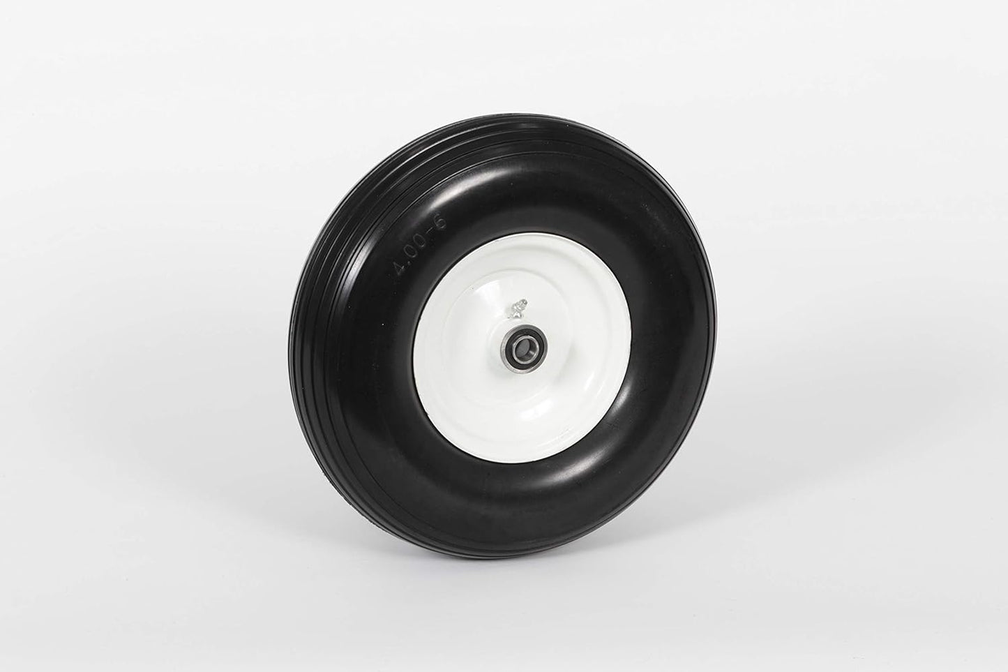 Flat Free Universal Wheelbarrow Replacement Tire | Complete Wheel Assembly | White Rim and Ribbed Tread | 13" Wheel | Adapter Kit Included