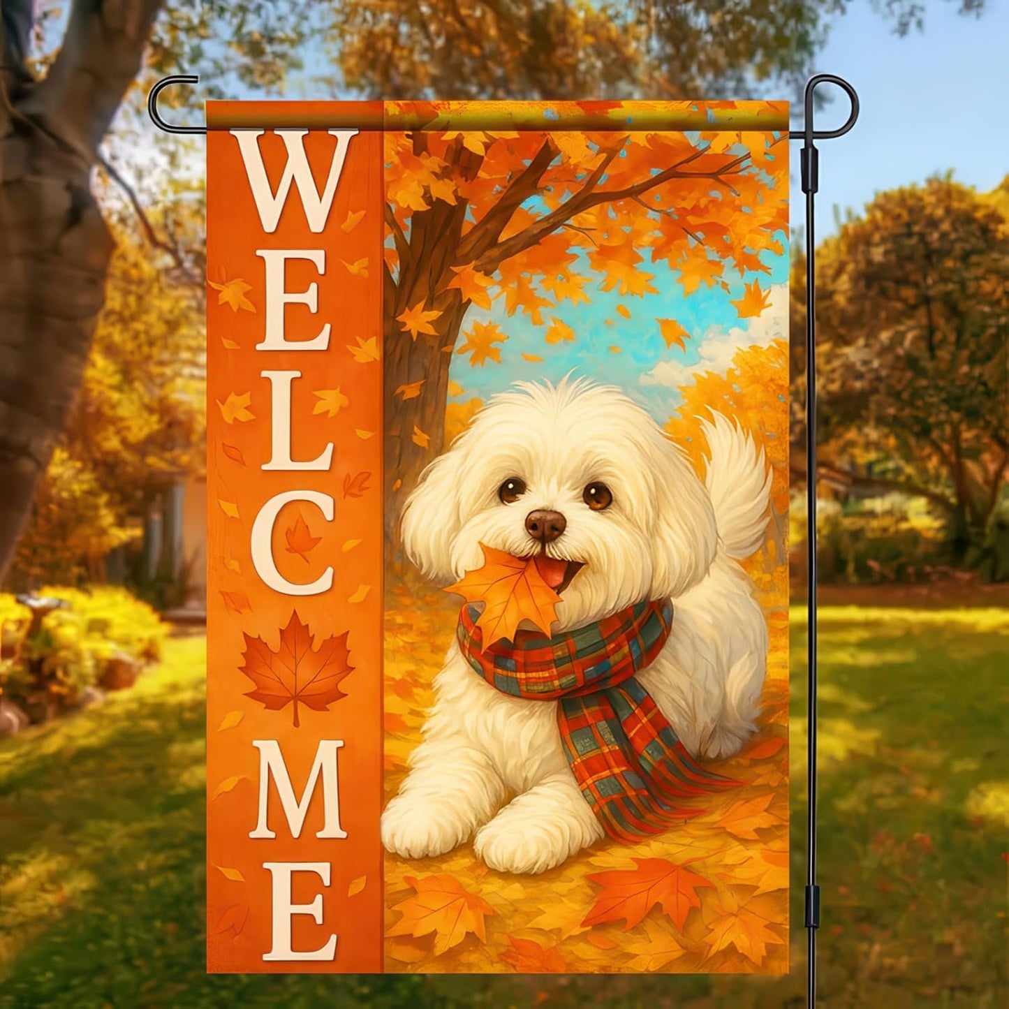 Thanksgiving Fall Garden Flag 12x18 Inch Welcome Bichon Frise Dog Outdoor Flag Double Sided Autumn Puppy Yard Banner with Plaid Scarf and Leaves Decor for Porch Lawn Patio