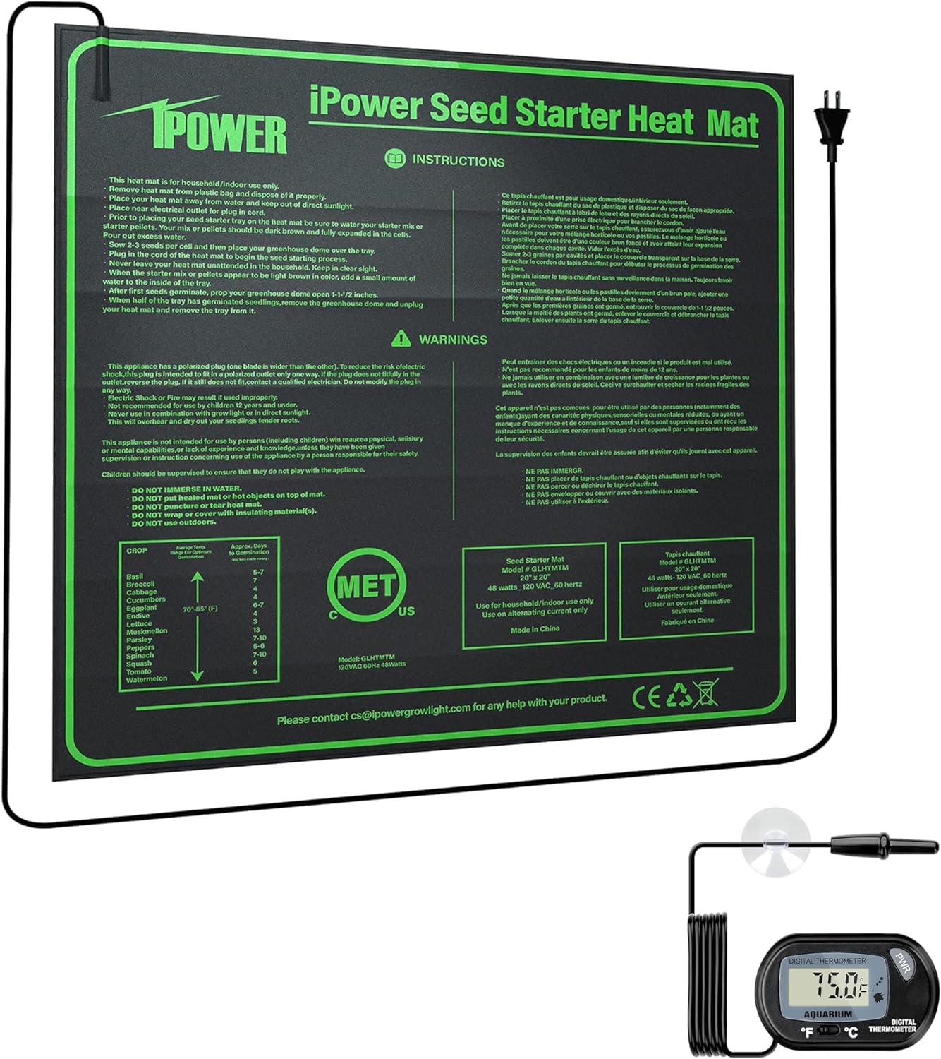 iPower 20" x 20" Durable Waterproof Seeding Heat Mat with Digital Thermometer for Providing Reliable Warmth for Indoor hydroponic Plant Germination