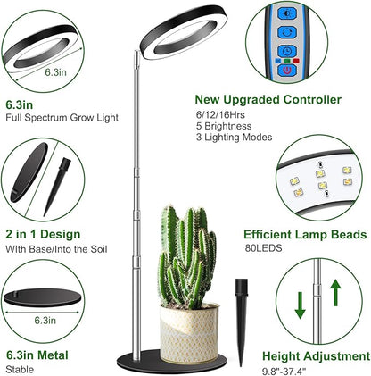 Grow Lights, Full Spectrum Plant Light for Indoor Plants, 2 in 1 Design 6.3in Desktop Growing Lamp with Auto Timer for 6/12/16Hrs,3 Optional Spectrums,5 Brightness,Height Adjustable 9.8"-37.4"