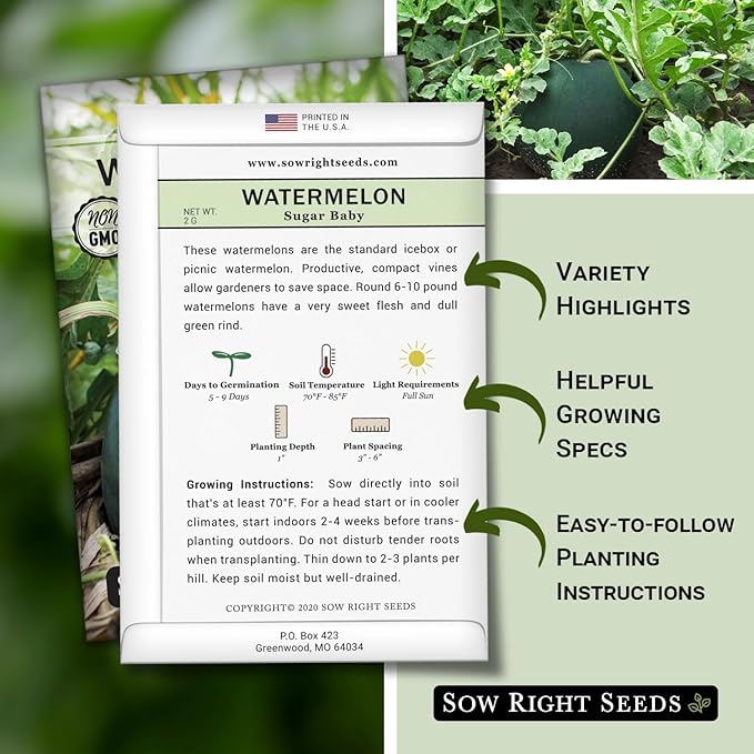 Sow Right Seeds - Sugar Baby Watermelon Seed for Planting - Non-GMO Heirloom Packet with Instructions to Plant a Home Vegetable Garden - Medium Sized with Dark Rind and Super Sweet Flesh (1)