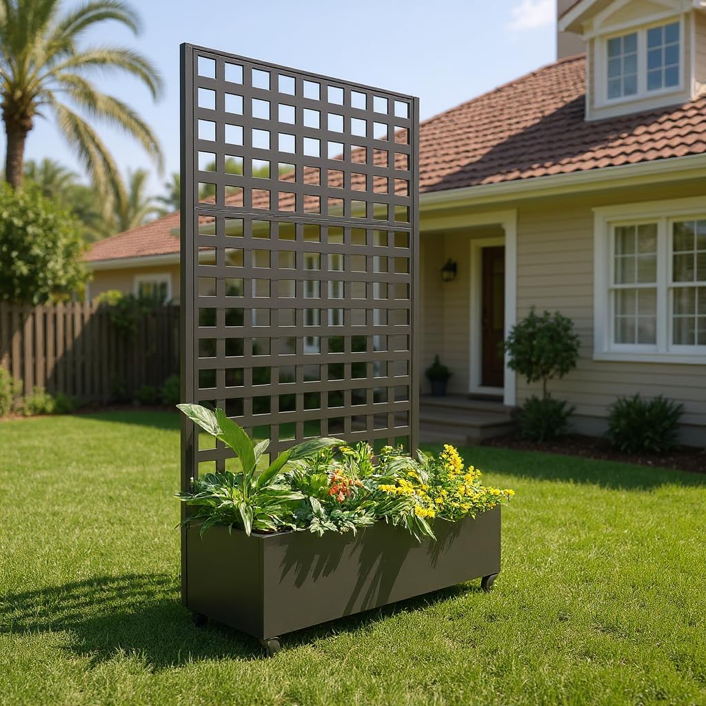 Metal Planter Box with Square Lattice Trellis - 72"x47" Galvanized Raised Garden Bed on Wheels for Climbing Plants and Vines, Black Finish