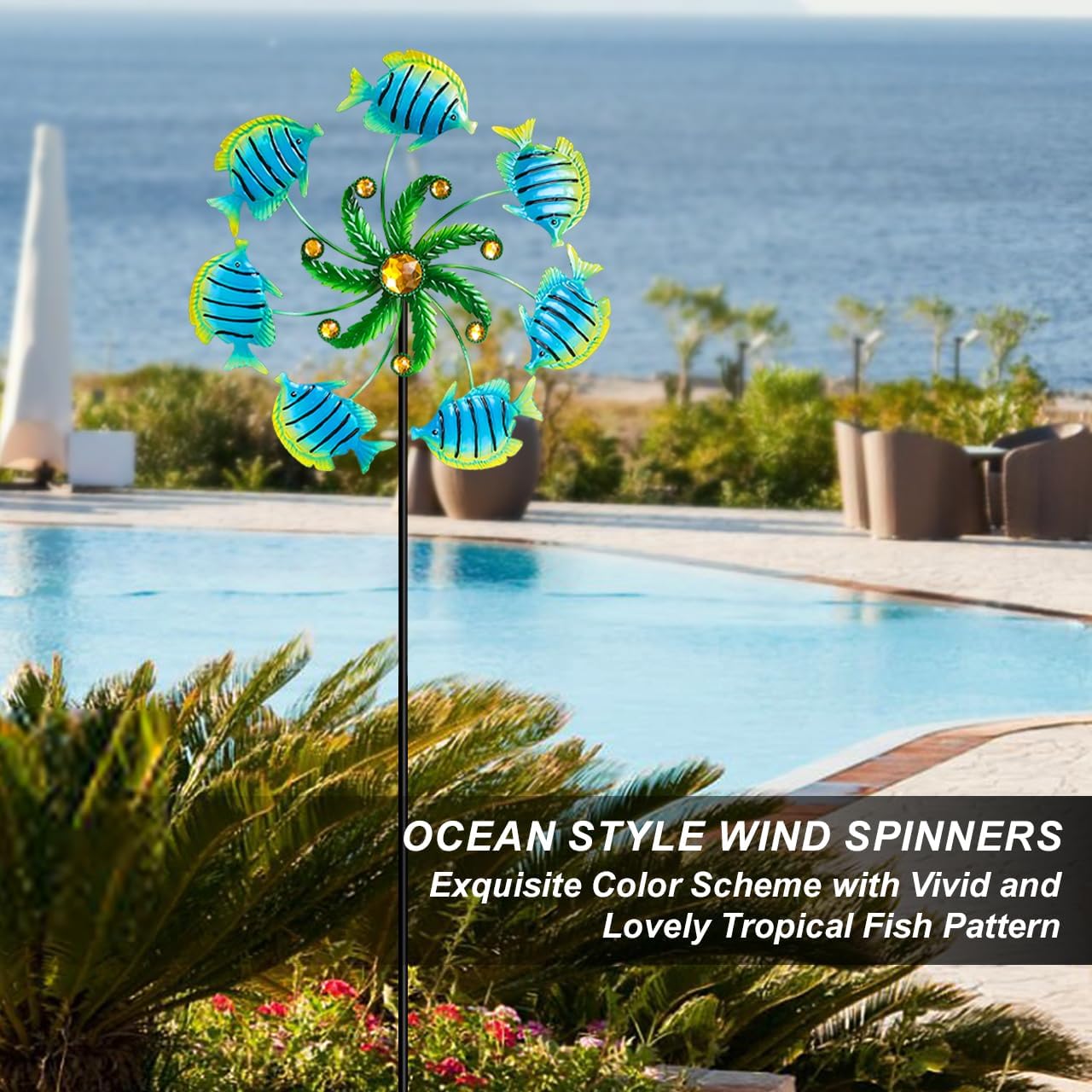 Tropical Fish Wind Spinners - 39" Ocean-Themed Metal Wind Sculptures Garden Stake Art, 13.5” Windmill Yard Kinetic, Outdoor Decor for Patio & Lawn - Metal Beach Sculpture with Fish Design