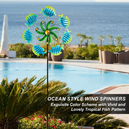 Tropical Fish Wind Spinners - 39" Ocean-Themed Metal Wind Sculptures Garden Stake Art, 13.5” Windmill Yard Kinetic, Outdoor Decor for Patio & Lawn - Metal Beach Sculpture with Fish Design
