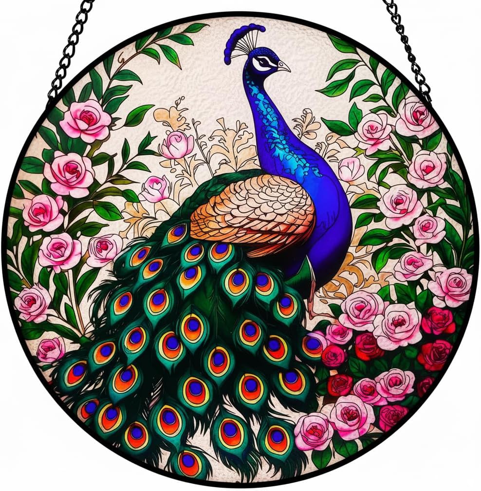 Peacock Stained Glass Suncatcher, Stained Glass Window Hanging, Window Suncatcher Home Wall Art Decorations, Gift for Mom (12 Inch)