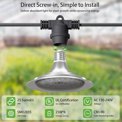 6-Light Outdoor LED Grow Lights – Waterproof Full Spectrum Greenhouse Lights for Plants, 21.3FT Adjustable String Lights with 288 LEDs E26 Base Bulbs, IP44 Waterproof for Garden, Farm, Yard