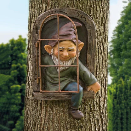 Gnome Statue Tree Face Outside Yard Art Outdoor Statue, 12 Inch Elf Out of The Window Tree Decor and Yard Decorations, Whimsical Gnomes Garden Sculptures & Statues, Fairy Tree Peeker Ornaments