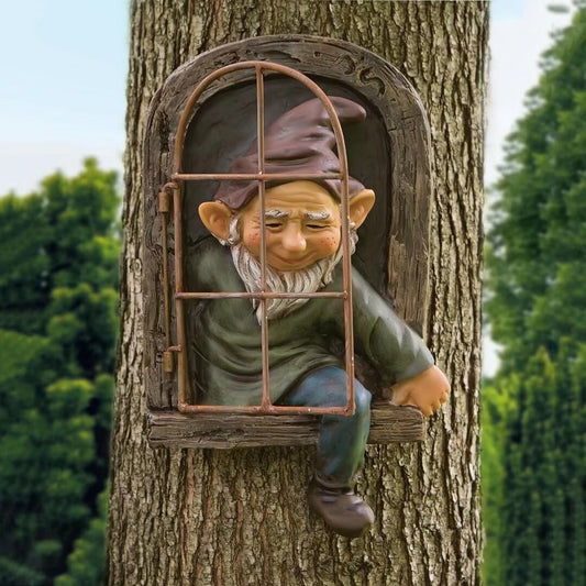 Gnome Statue Tree Face Outside Yard Art Outdoor Statue, 12 Inch Elf Out of The Window Tree Decor and Yard Decorations, Whimsical Gnomes Garden Sculptures & Statues, Fairy Tree Peeker Ornaments