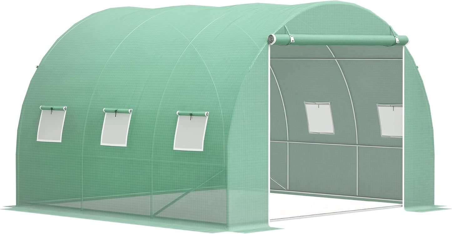Outsunny 10' x 10' x 6.5' Walk-in Tunnel Hoop Greenhouse, Polyethylene PE Cover, Steel Frame, Roll-Up Zipper Door & Windows for Flowers, Vegetables, Tropical Plants, Green